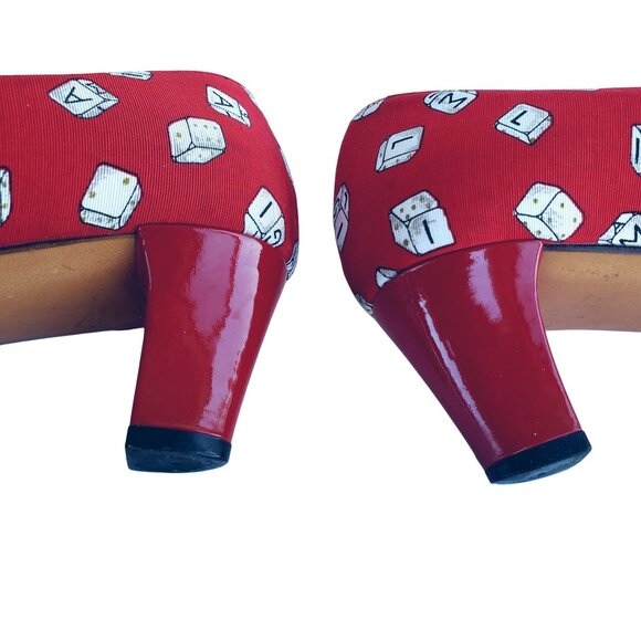 Bruno Magli 80s Vintage Red Heels 7.5 Novelty Dice Leather Canvas Rare Italy - Picture 10 of 14